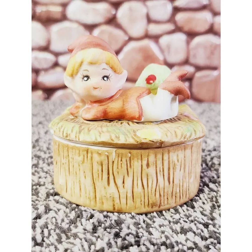 Vintage HOMCO Boy Pixie Elf Mushroom Round Trinket Dish Lidded Fairy Jar